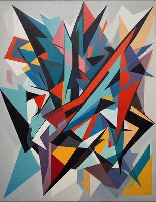 The primary subject of the image is a colorful, abstract painting featuring a mix of blue, red, yellow, and orange colors. The painting is displayed on a wall, creating a vibrant and lively atmosphere. The visual style of the painting suggests that it is a digital art or illustration, rather than a photo or traditional painting. The colors and mood of the painting evoke a sense of energy and creativity, making it an eye-catching and engaging piece of art.
